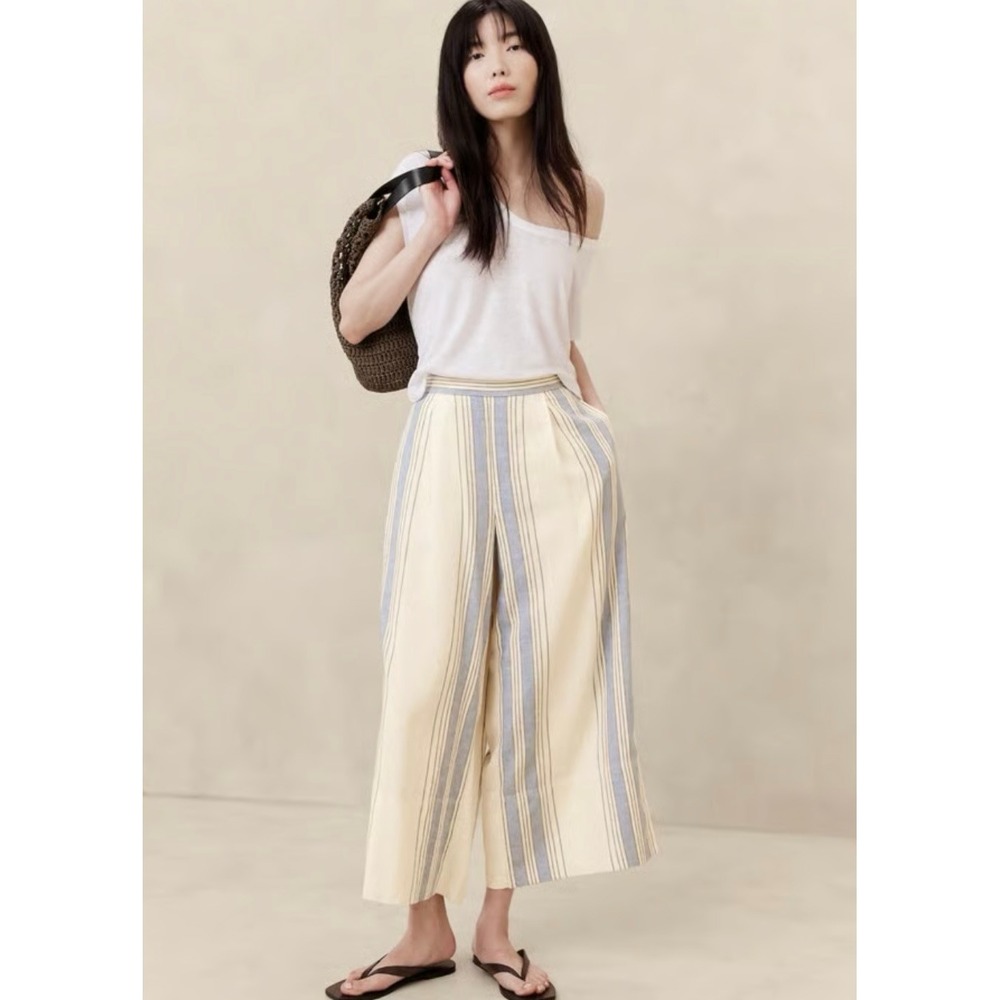 Banana Republic Linen Blend Striped Wide Leg Pants Blue Cream High Rise Small